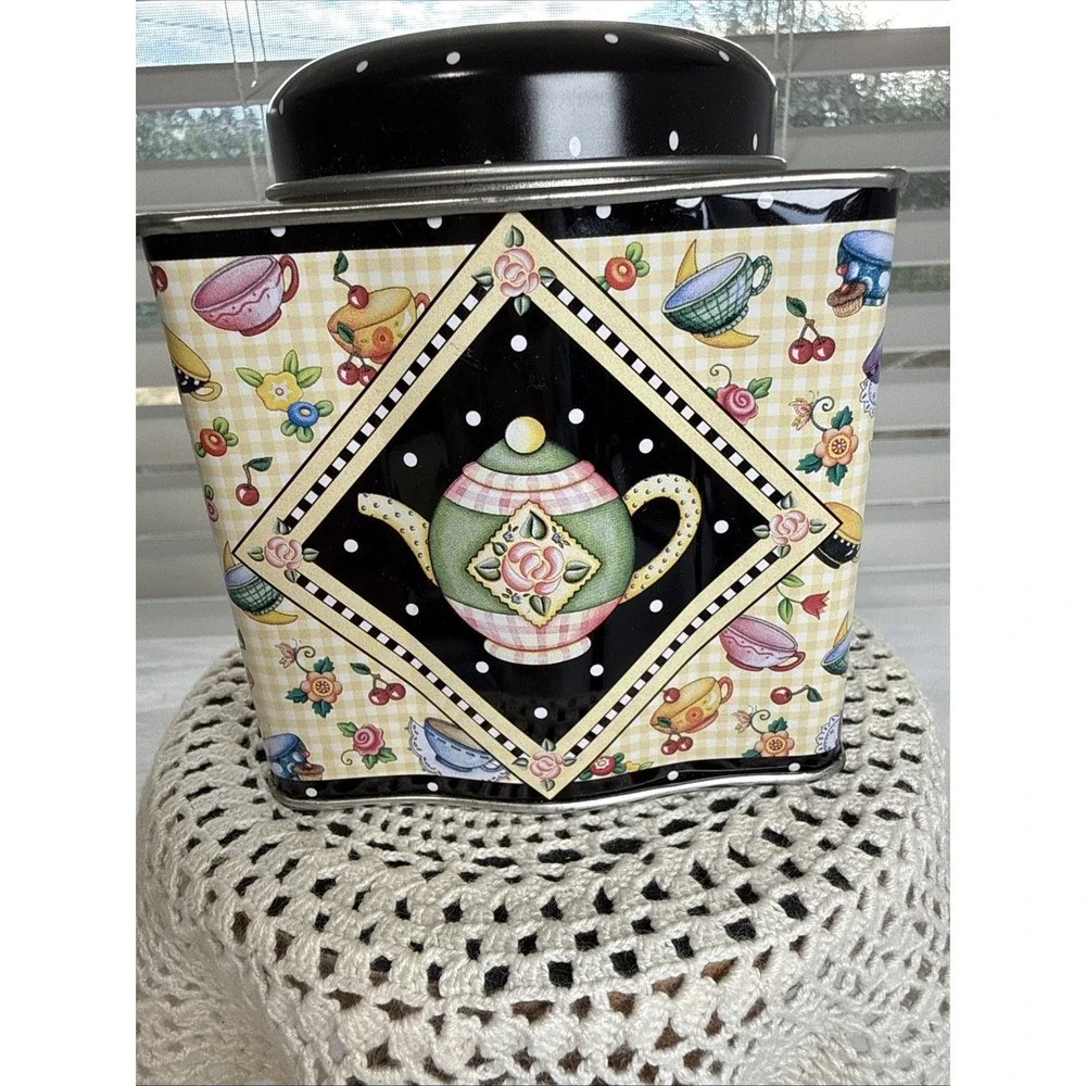 Mary Engelbreit Metal Tin Canister Lid Tea Flowers Teapot Design Vintage.